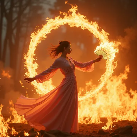 High Frequency: 1.8, Rich Detail, Masterpiece, 8K, Beautiful Priestess in Pink Shirt Standing in front of Fire, Dancing, Hands Waving Fan, Fan on Fire, Flames Surround Priestessess, Burning Battlefield Background,  