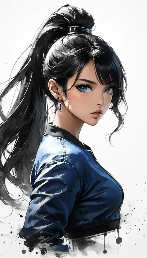 Neo-noir futuristic art style, waist-up, proportional body, semi-realistic anime-style of woman facing side. woman with long, sleek black hair styled in a high ponytail. She has a warm tan skin tone, and piercing blue eyes. Her eyes are large, upturned, an...