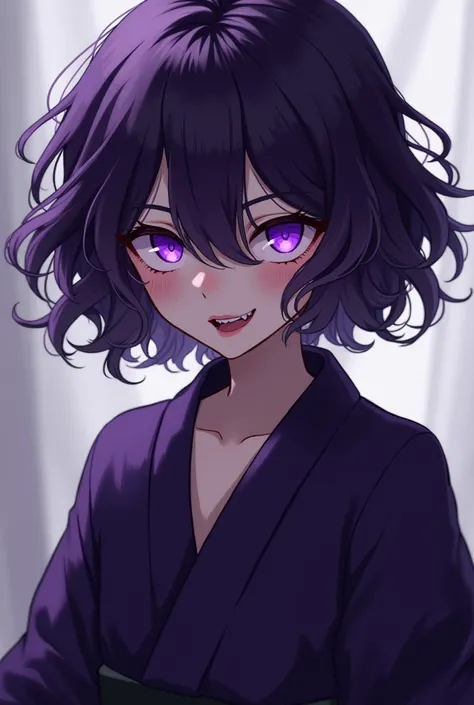 Boy, a little bit of feminine appearance,  dark purple eyes,  curly dark purple hair as long as the shoulder blades ,  gathered in a bundle .  Dressed in dark purple tight-fitting haori. bares teeth