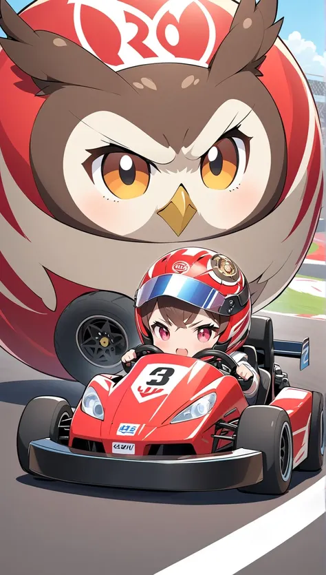  Race Track 、 same size tire、 get behind the wheel、Go-kart、Go-kartでレース、 heated battle、cute、little， owl under guard，