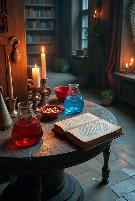 Painted marble floor , a large table with candles , cones with colorful blue red liquids, ro huentru is a red bowl with dark liquid , on the right of the table is a thick book with spells , near the wall of the book rack  ,herbs,realistic,HD quality,The Wi...