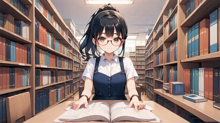 Black hair, ponytail, glasses, bookstore, clerk