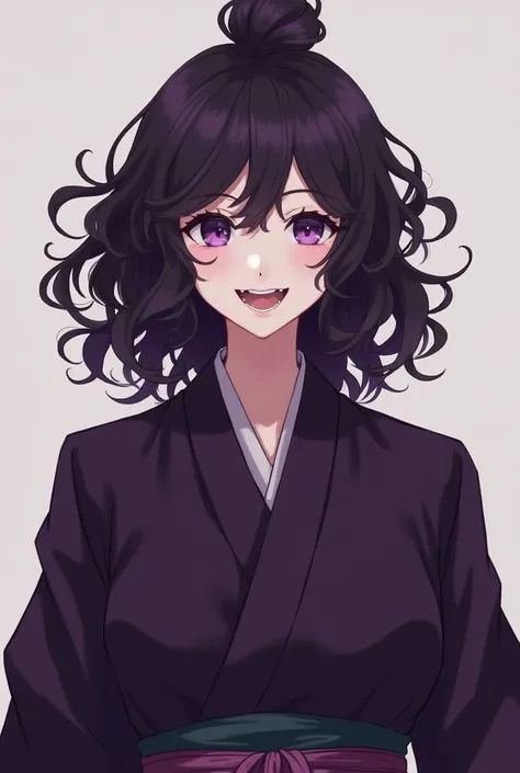  A tall guy , a little bit of feminine appearance,  dark purple eyes,  curly dark purple hair as long as the shoulder blades ,  gathered in a bundle .  Dressed in dark purple tight-fitting haori. bares teeth