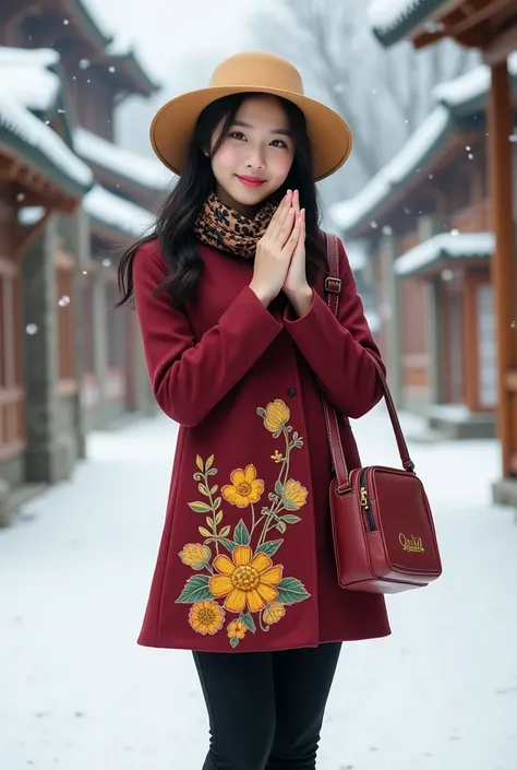 A beautiful Korean girl, wearing a Tam hats type hat, a thin smile facing the camera, a slightly fat proportional body, wearing a maroon and yellow Frock coat type shirt with elegant embroidered batik, wearing black pants, wearing high shaft booties shoes,...