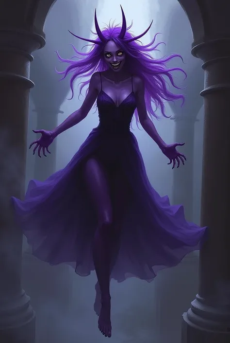 Ghost, (monster girl), purple skin, spikes, spiky purple hair, a fanged grin, floating hands, dressed in a dark-purple dress, floating in midair, masterpiece, best quality