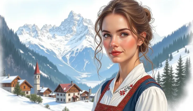 Create a detailed sketch portrait of a 25-year-old Swiss woman, positioned against the breathtaking backdrop of the Swiss Alps, with a picturesque view of a mountain village like Zermatt or Grindelwald. Her attire should elegantly blend traditional Alpine ...