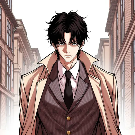 Lookism, A character from "Lookism" webtoon A striking brunette man in an japanese school uniform stands against a school background. He wears a gang coat around. his expression is stern and Commanding, manhwa panel, messy lineart and linework, rough