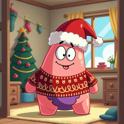 Patrick Star Christmas Themed Images, Background in the house, easy drawing, cartoon style, low color