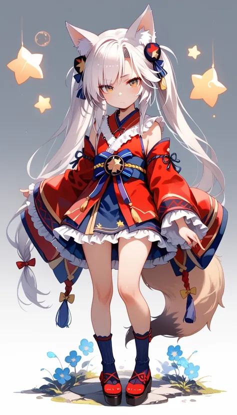 Musashi, Japanese legend, loli, sleepy, standing, looking at viewer, long hair, white hair, with star-shaped irises, big eyes, short, frilled clothing, miko, with a bow, with fox ears, with fox tail, , full body shot, solid gray background