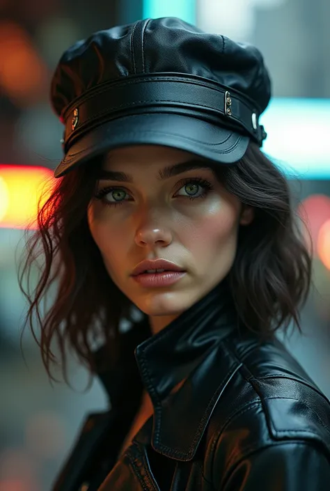 Beautiful woman medium hair, wearing cap, cyberpunk style short