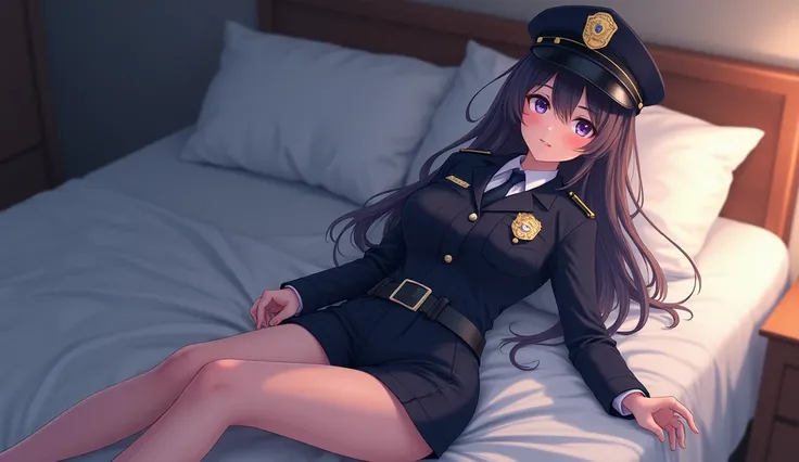 a beautiful policewoman lying on the bed ,  anime style 