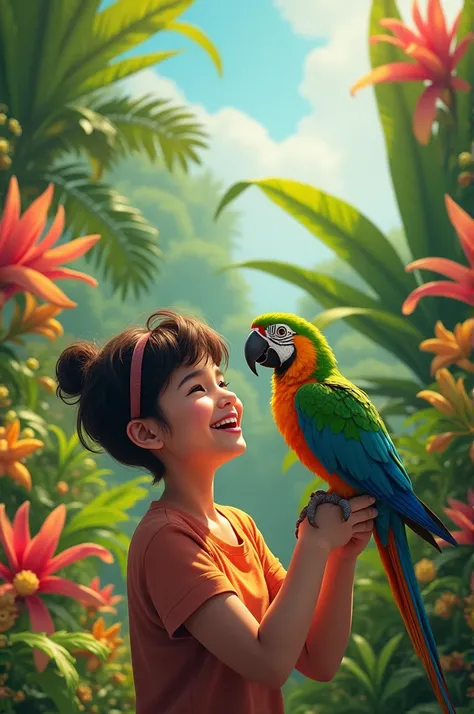 "A joyful  playing with a colorful parrot in a tropical garden, with vibrant flowers and trees in the background."