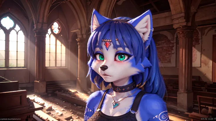 ((krystal)), Star Fox-Krystal, lovable, green eyes, ((( Long blue hair 1 .3))), Decollete, anthro, Fuzzy,  detailed Fluffys fell,  detailed face , (Fluffy),  1 girl, ,woman, Goth, green eyes, undercut, ultra-realistic 8k cg ,  masterpiece, (( ultra-detaile...