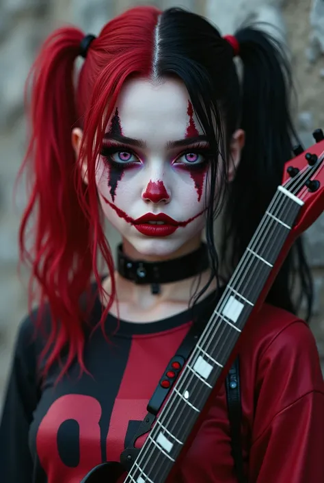  create a goth girl ,  white skin , half black and half red hair,  purple eyes,  clothing leather pants half black and half red, slipknot t-shirt ,  harlequin makeup , Its inspired by Harley Quinn and add an electric guitar to it   