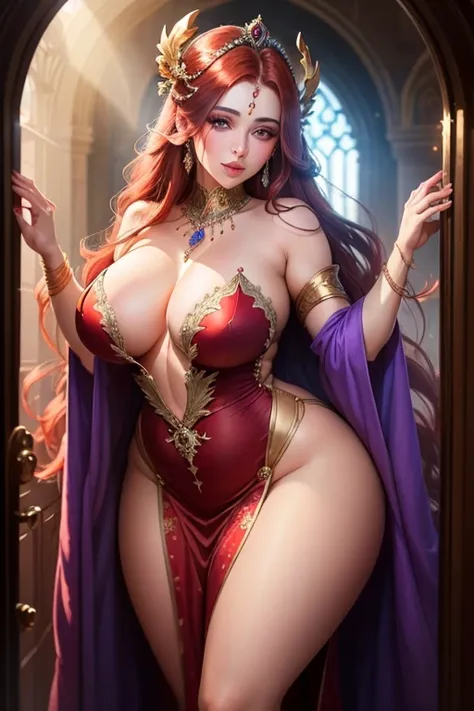 The Goddess of Beauty, a stunning being with violet skin, crimson hair, and a voluptuous figure, stands before you in a lavish, ethereal chamber. Her eyes are locked onto yours, filled with a deep, passionate longing. She wears a flowing, translucent gown ...