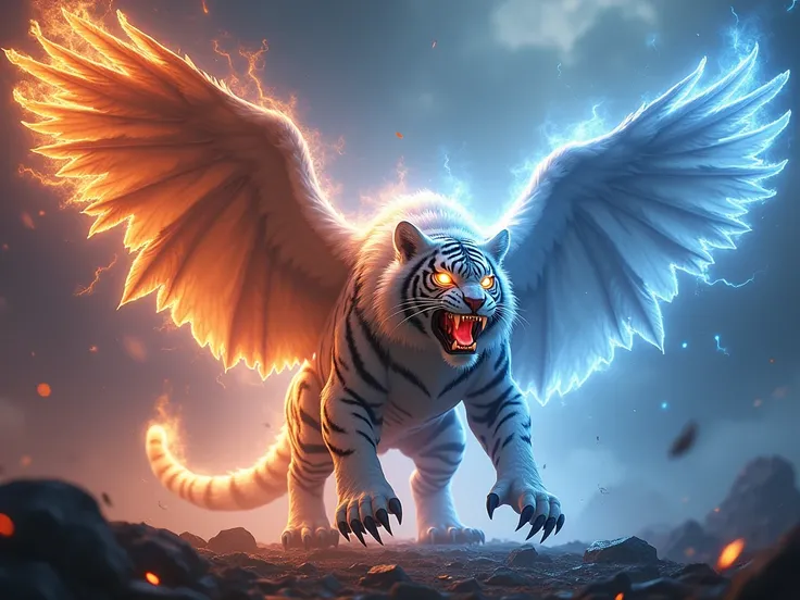 create 32k image of a dangerous fighting untamed hybrid fusion that combines the strength, ferocity, and mystical energy of an eagle and a white tiger. The creature is colossal in size, with a massive muscular build, combining the sharp talons and wings of...