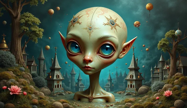 Eclectic mix of Theophanes the Greek, Hieronymus Bosch, Benjamin Lacombe, Brien Dispain, A blue-eyed alien. aesthetic gothic, surrealism, oil painting. allegory. Unreal Engine, chiaroscuro, whimsical contrast, high detail, and intricate patterns. Extremely...