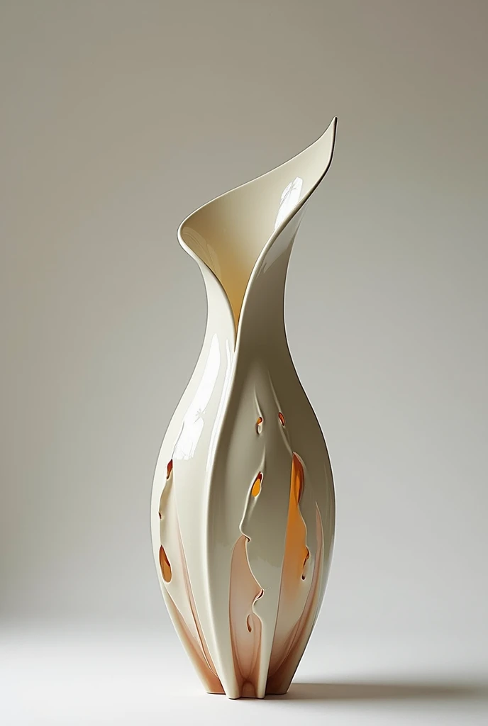  Designer vase in the form of a thin leaf on the top and descending to the bottom with a recess and a cutout under the glass in the form of petals, made of ceramic ,  Beautiful,  masterpiece fails,  better quality , 8 k,