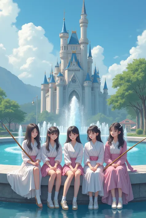  Five Korean girls ,  sitting on a fountain , behind them is a castle ,  one of the girls is holding a bow and arrow ,  they are wearing different clothes in white and pink. Well made faces