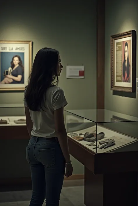 Ultra-realistic image of a woman with long, dark hair, captured from the front inside the Museo Andes 1972 in Montevideo, Uruguay. She is wearing casual attire: jeans and a white t-shirt. She stands thoughtfully in front of a display case containing person...