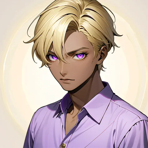    golden blonde hair ,   sharp eye, Ojos lascivos, male　 amethyst eyes　 short hair　  casual, ,   school uniform 　 portrait　  upper body　 snapshots, subtly dark complexion (moreno) 