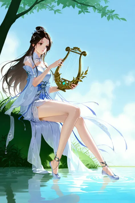 huhu g, zhu xian, lu xueqi (zhu xian), 1girl, bare legs, brown hair, dress, facial mark, fog, forehead mark, full body, grass, hair bun, hair ornament, instrument, long hair, looking to the side, lyre, outdoors, sitting, solo, water, white dress, highres, ...