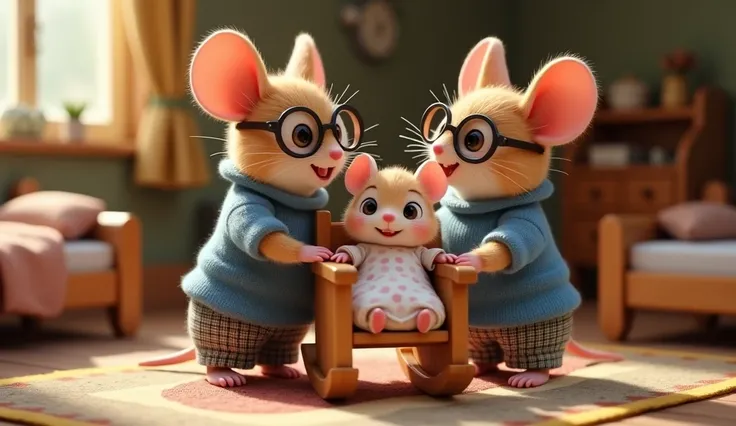 Here is a complete prompt , that you can use, to create the desired image:

Prompt (German):
“Eine liebevolle und detailreiche Szene with einer Familie aus anthropomorphen Mäusen.  Both daddy mice can be seen from the front and are wearing identical clothe...