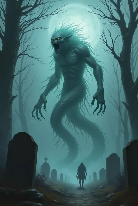 A terrifying, ethereal hybrid that combines the haunting, wailing spirit of a banshee with the slithering, constricting body of a giant serpent. Its skin is translucent, a swirling mist that glows faintly under the moonlight. The creature’s face is contort...