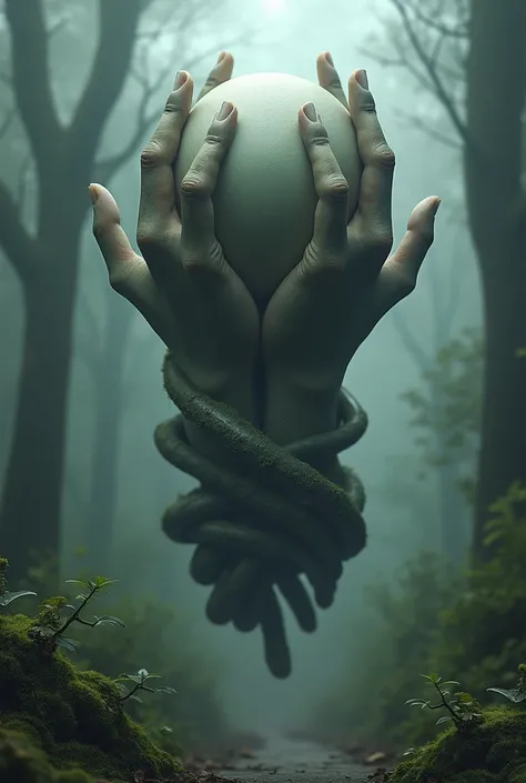 Prompt:
"A surreal and eerie artwork featuring a floating structure made entirely of human hands in a dense, dark forest. The hands are intricately intertwined, forming a symmetrical, almost totem-like shape with fingers splayed in all directions. At the c...