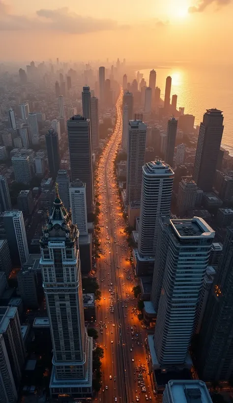 "A stunning aerial view of Mumbai city, with high-rise buildings, busy streets, Arabian Sea coastline, and the vibrant urban atmosphere at sunset."