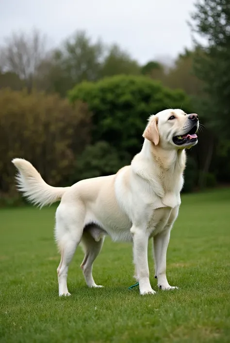 The image shows a large white dog standing on a grassy field. The dog appears to be a Labrador Retriever or a similar breed. It is facing towards the right side of the image and its mouth is open, as if it is panting or looking up at something. In the back...