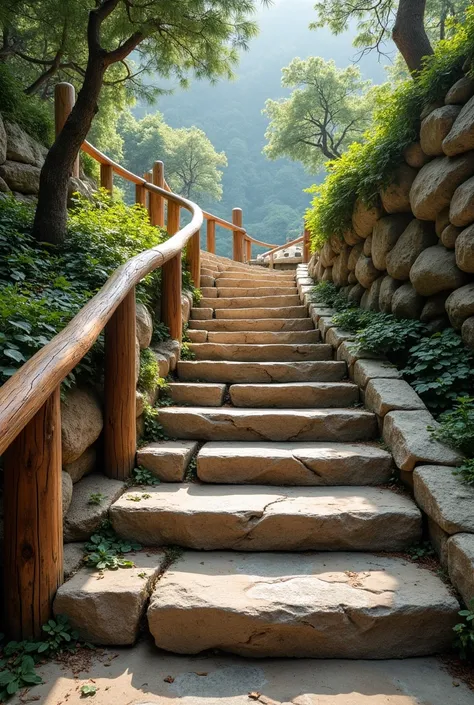 Make the stairs in the second picture with a piece of stone and add a wooden railing on the left side