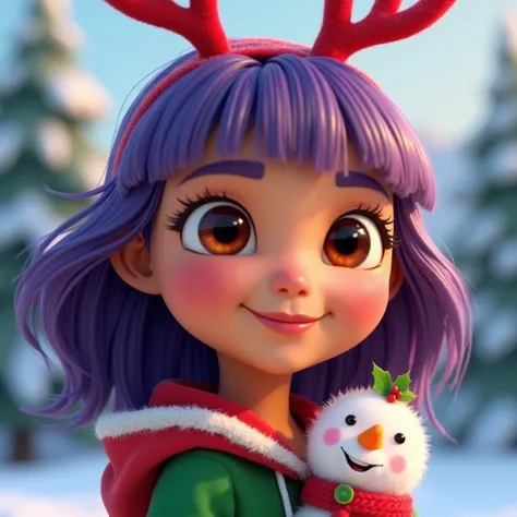 A cartoon shot of young adult Dora The Explorer in Xmass cosplay, vibrant clothes in red, green, and white, soft hoodie, purple hair, long hair, shoulder length hair, reindeer antlers, perfect eyes, perfect face, happy vibe, joyful, 2d, HQ, high resolution...