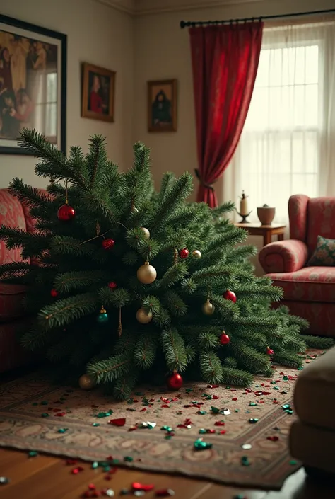 Christmas tree fallen over ,  Christmas balls broken, zimmer, Hyperrealism, Photo, format 16:9