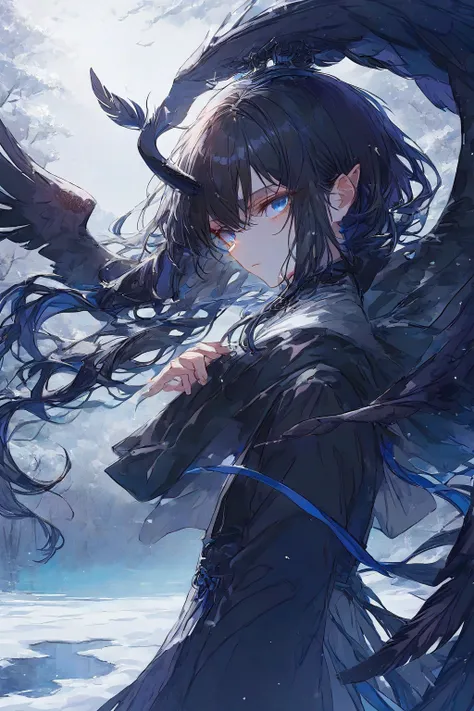 Illustration, highest quality, pixiv illustration, highly detailed, animated, (((alone)) ((man))), solo, detailed eyes and detailed face, black hair, blue eyes, long hair, black wings, flying soft black feather background, one black feather on the head, bl...