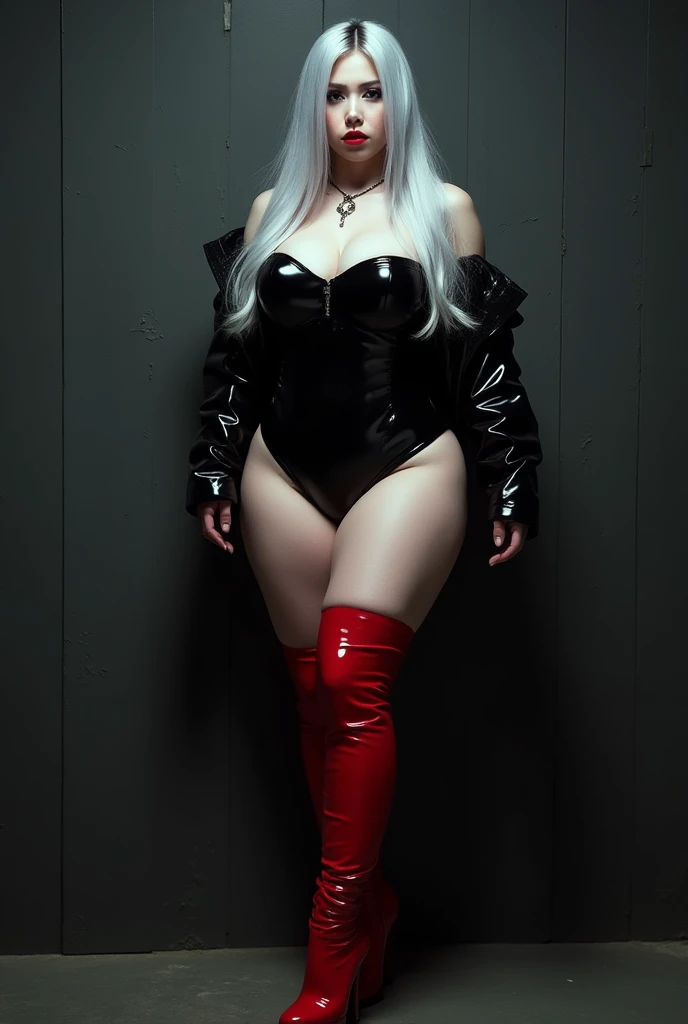 japanese woman, mid twenties, long silver hair, porcelain features, beautiful, big breasted. wearing black pcv leotard. red pvc thigh boots with high heels, short red pvc jacket. setting; cyberpunk, dark room, shadows, future, colony, space. theme; horror,...