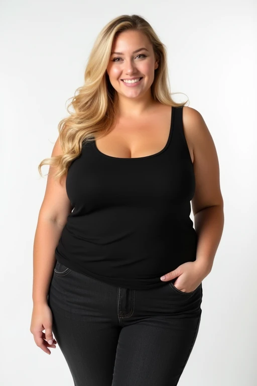 Solo, beautiful british women , little bit plus size model , blonde hair , wearing black tank top , wearing black jeans , white background 