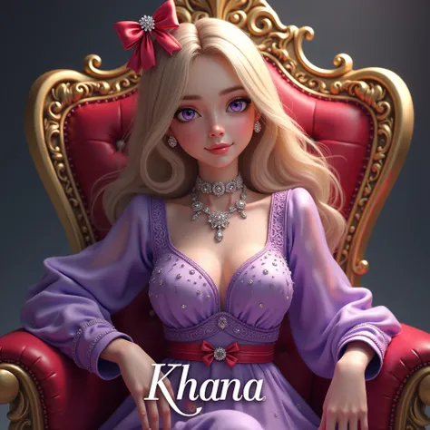 Pretty girl sitting on queen chair wearing purple blouse with glitters with name "KHANA" with diamond necklace and red ribbon  blonde hair 