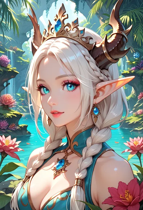 score_9, score_8_up, score_7_up, beautiful, perfect eyes, Braided Crown hair, Dragon Claw Ring, Bold Coral, Flame Elf