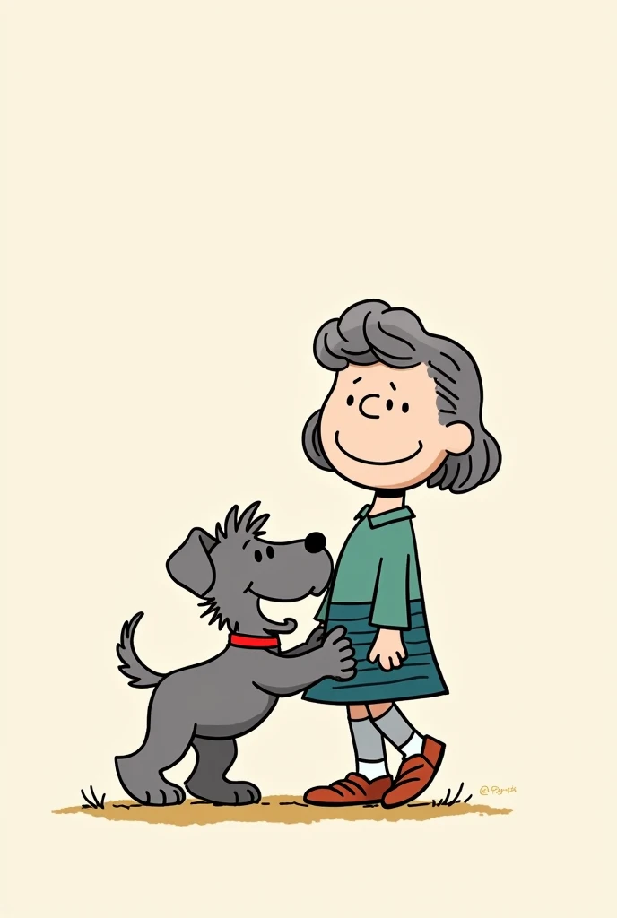 Happy gray schnauzer with its owner, a woman with very short, gray hair drawn in the Peanuts drawing style/Snoopy 