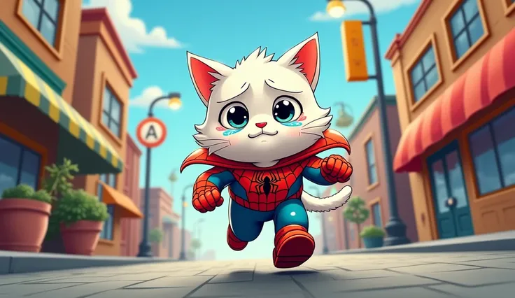 A white cat wearing spider Man uniform,  crying  running in a cartoonist street