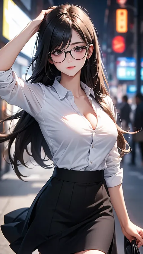  top quality , expensive_resolution,  clear_image,  detailed background , girl, Ultra slim, Black-rimmed Glasses ,Big Breasts, white shirt(Unbuttoned), black skirt with length,Have a length( skirt roll up with length),The exposure , embarrassingly shy face...