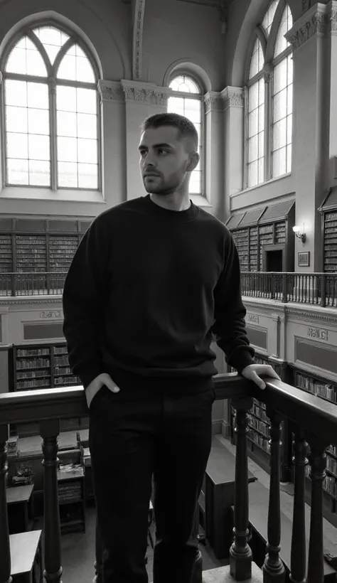 (masterpiece, best quality),"A black-and-white photograph captures a young man with very short hair standing on a mezzanine level of a grand, historic library. He wears a dark, oversized sweatshirt paired with tailored light trousers, combining a casual ye...