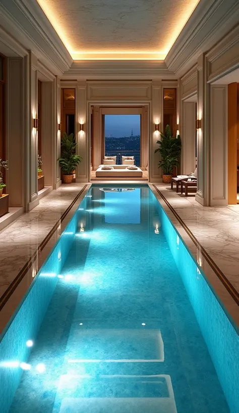 "An ultra-luxurious indoor swimming pool with crystal-clear water, surrounded by elegant marble floors, mood lighting, and modern interiors, giving a royal feel."