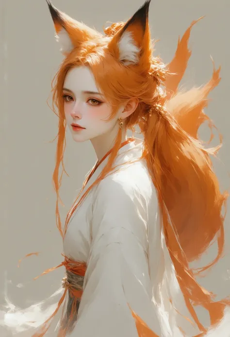 Beautiful anime kitsune girl with golden eyes, orange hair orange fox ears on the top of her head and nine orange tails in her bottom