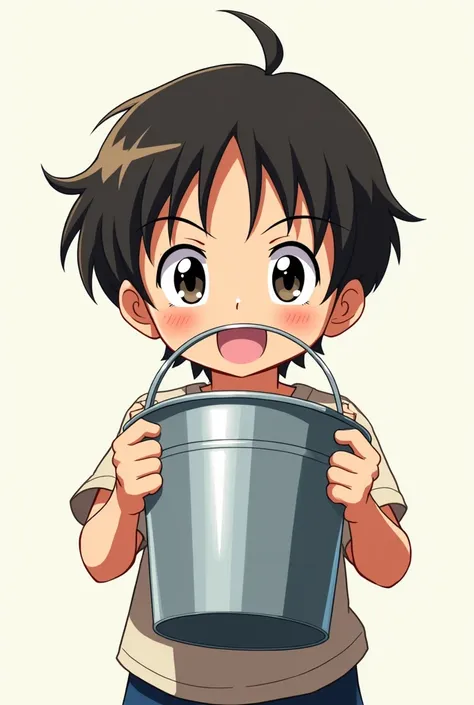 Hold a bucket in your hand in anime style