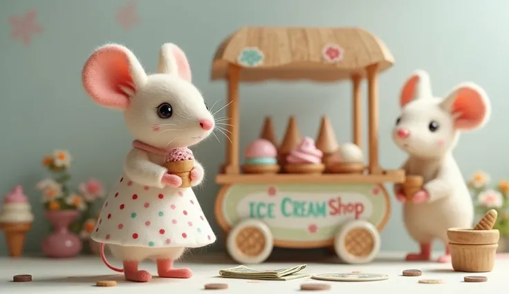 A detailed and cozy scene featuring anthropomorphic mice that look like classic stuffed toys made from soft cotton fabric with visible seams and lovingly crafted details. One mouse is wearing a polka-dotted dress in soft colors like white and pink, standin...