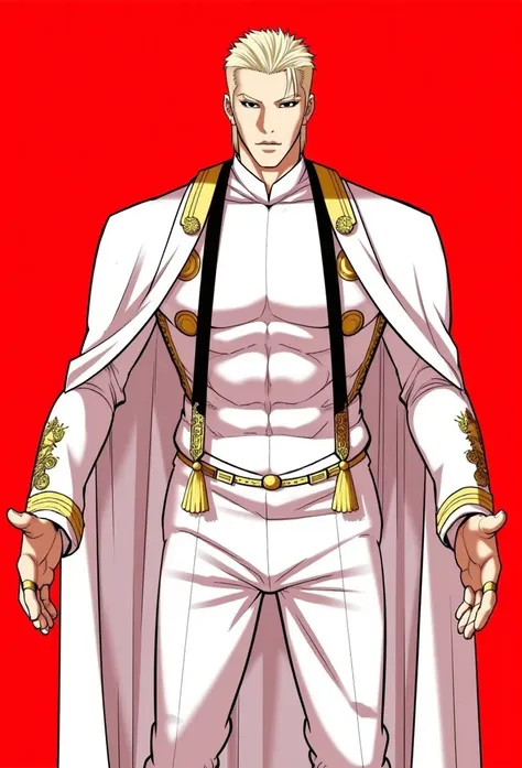 Lookism, A character from "Lookism" webtoon A striking blonde man in an elegant military-inspired white uniform stands against a vivid red background. He wears a flowing white cape with gold and black tasseled cords across the chest, ornate gold embellishm...