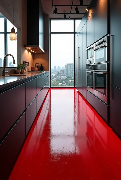 Kitchen with epoxy resin floor in red and black
