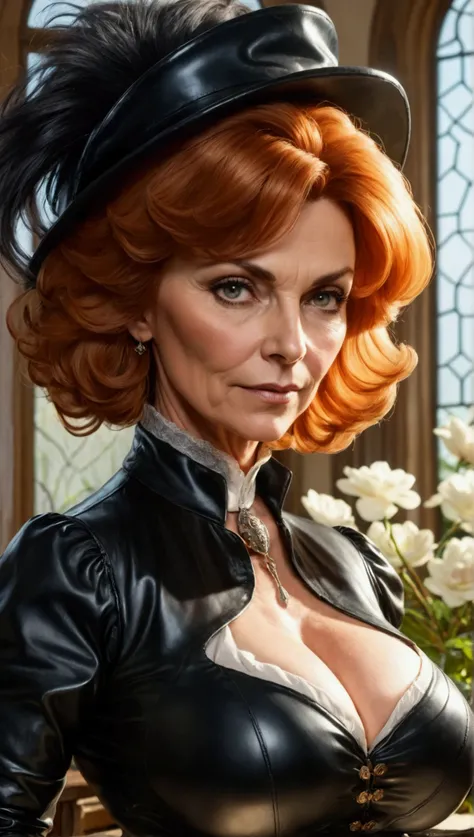 Headmistress, 60 years old, aurburn hair, very large bust, very large cleavage, leather clothes,